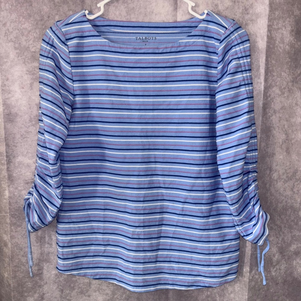 Talbots Women Petite S Striped‎ Boatneck Top Blue Cinch Tie Sleeve (Preppy)